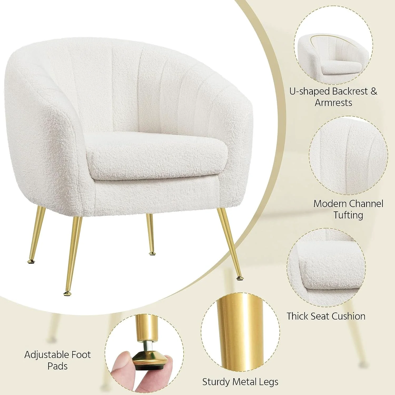 Fast Ivory Boucle Upholstered Accent Chair Removable Cushion Durable