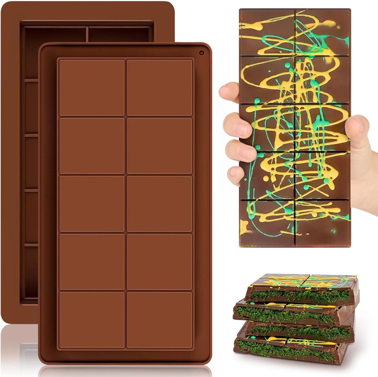 Environmentally Friendly 2 Pcs Large Dubai Chocolate Bar Molds 0.8 Inch Deep Silicone Stuffed Chocolate Bar Molds Enhanced