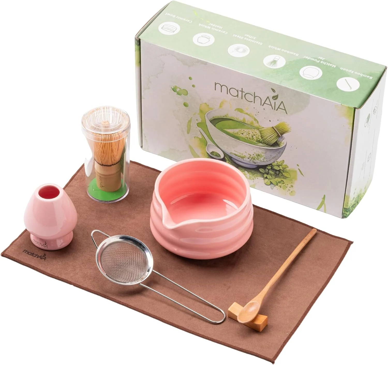 Reliable MatchAiA Matcha Whisk Set – Ceramic Bowl Bamboo Whisk with Holder Sifter Schima Spoon Spoon Rest and Tea Towel – 7 Pcs Complete Kit for Traditional Matcha and Modern Lattes Pink Durable