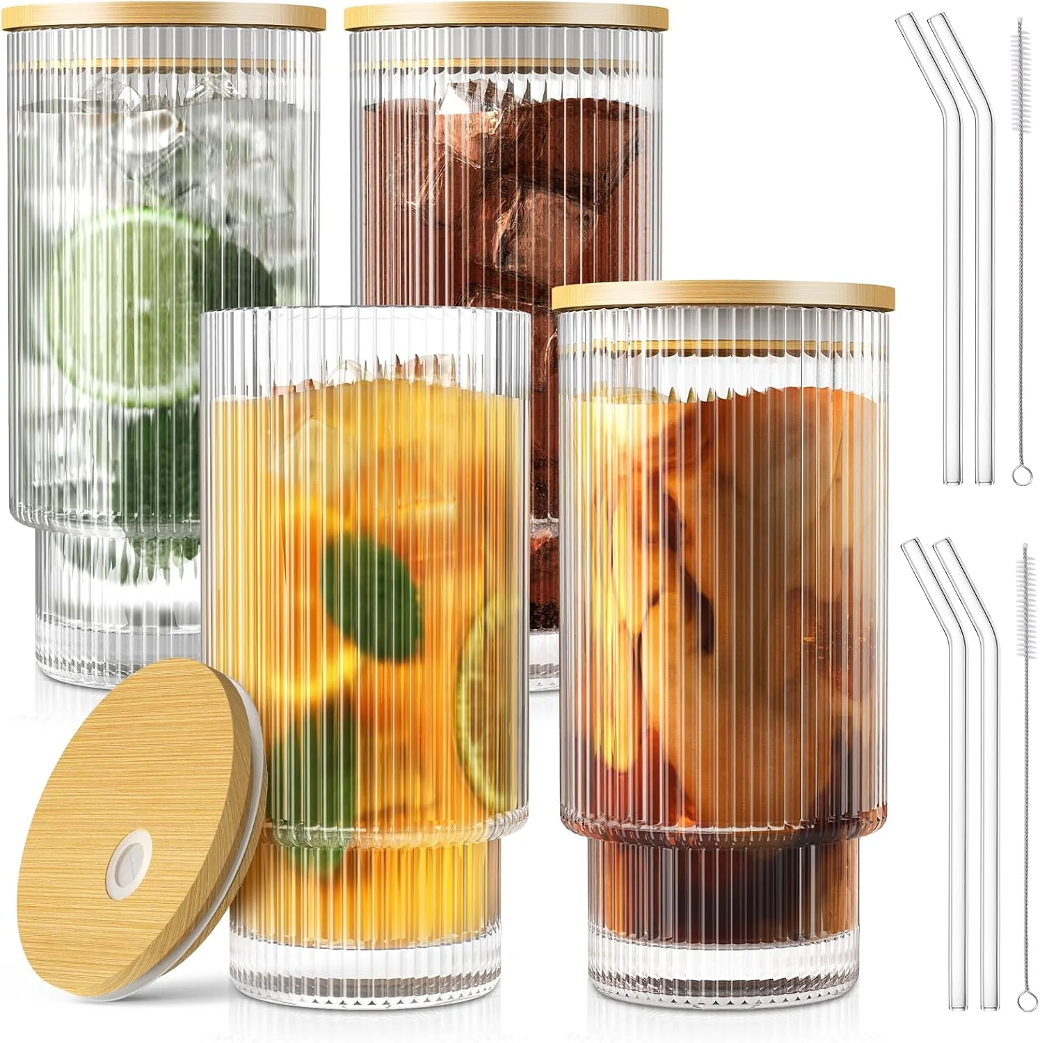 Efficient CWHHRN 16OZ Ribbed Glass Cups with Lids and Straws 4 Set Vintage Glassware for Whiskey Cocktail Beer Iced Coffee Cups with Lid Glass Tumbler with Straw and Lid 4 PACK Eco-Friendly