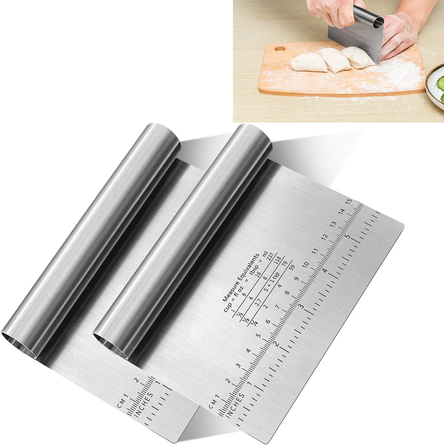 Verified Pro Dough Pastry Scraper Cutter Chopper Stainless Steel Mirror Polished with Measuring Scale Multipurpose- Cake Pizza Cutter – Pastry Bread Separator Scale Knife 2PCS Expertly Made