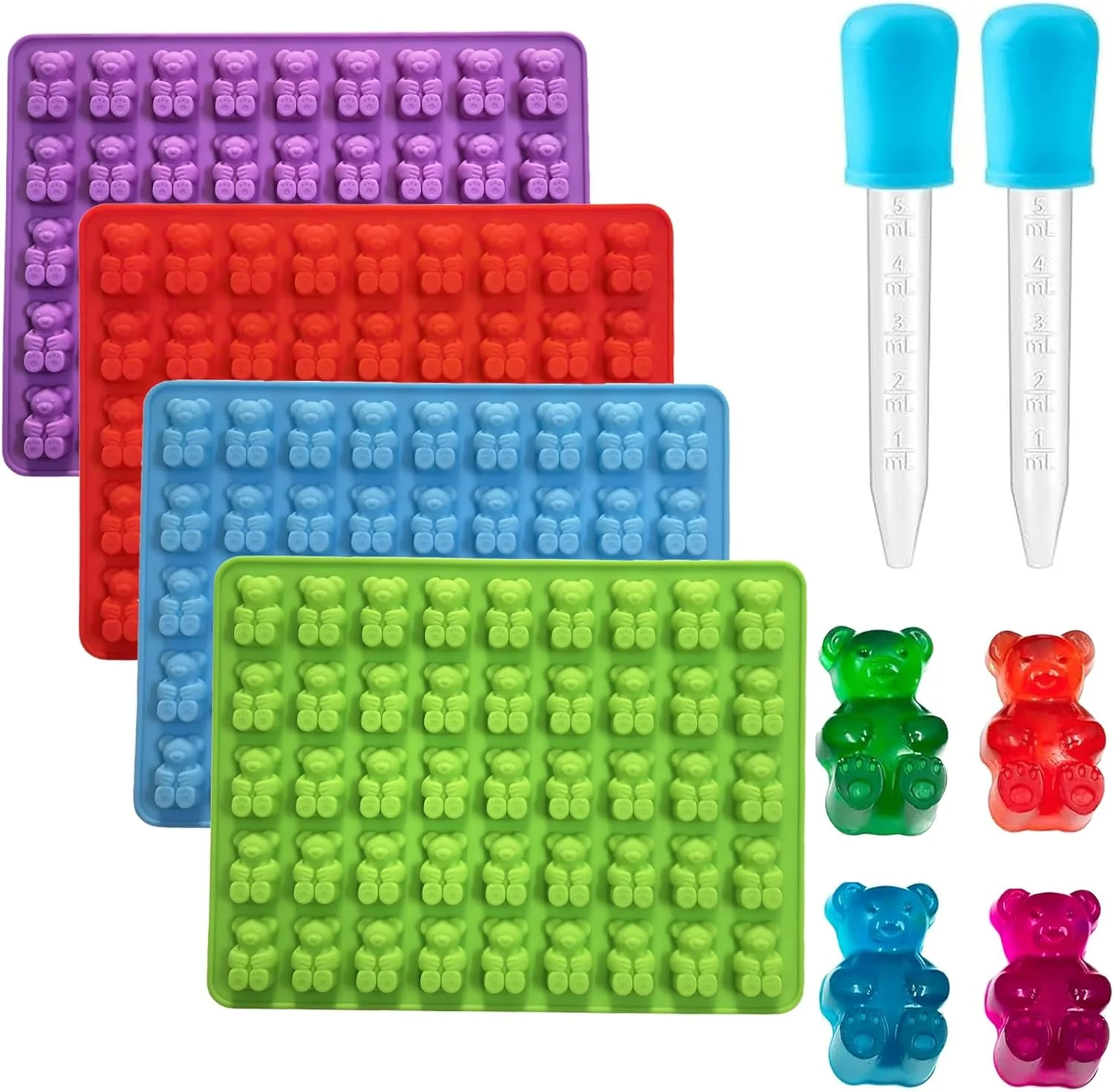 Secure Gummy Candy Molds – 4Pcs Silicone Gummy Bear Molds for Kids With 2pcs Dropper Non-stick and Bpa for Mini Candy Chocolate Gummies Baking Traditional