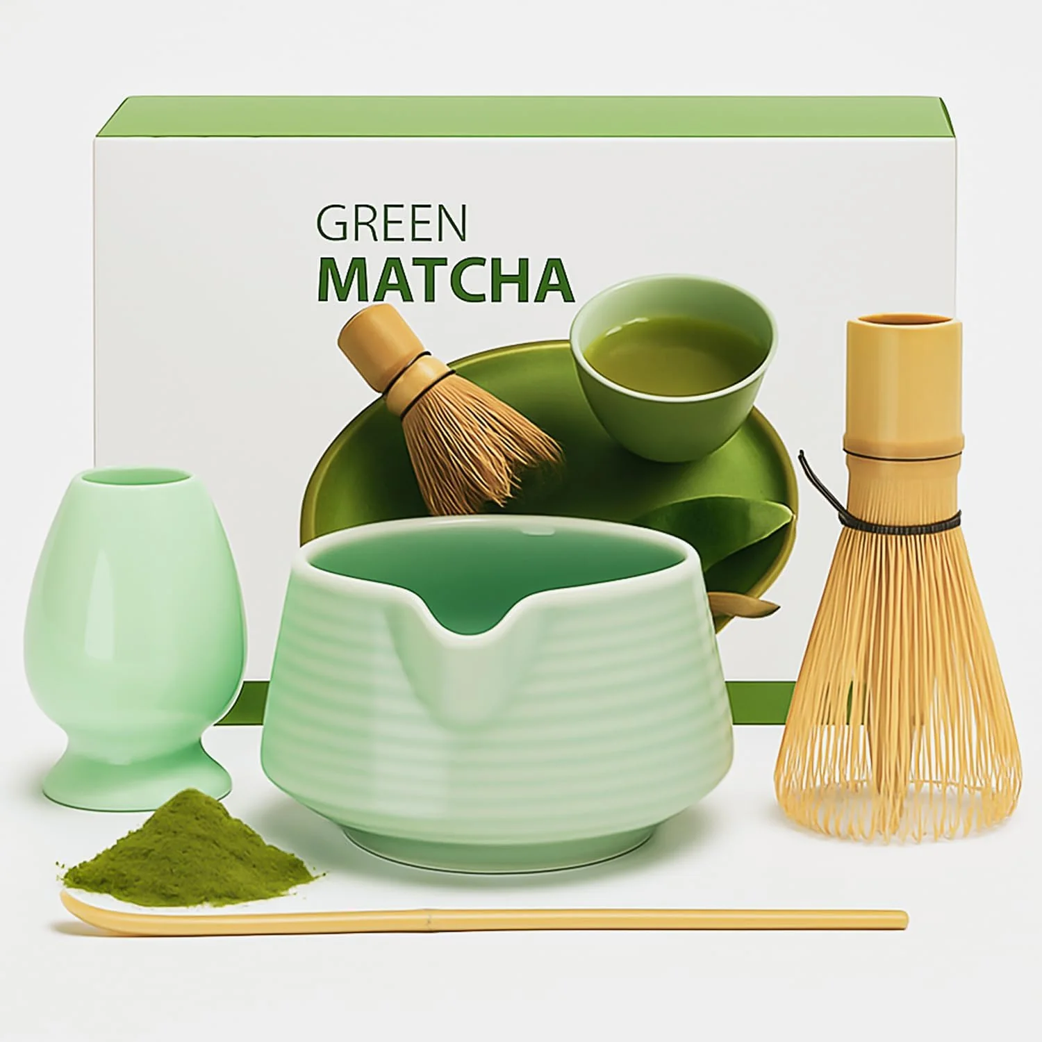 High-Grade Matcha Whisk Set – 4PCS Matcha Set Includes Matcha Bowl with Spout Matcha Whisk Holder Bamboo Whisk and Bamboo Scoop Ceramic Matcha Kit Natural