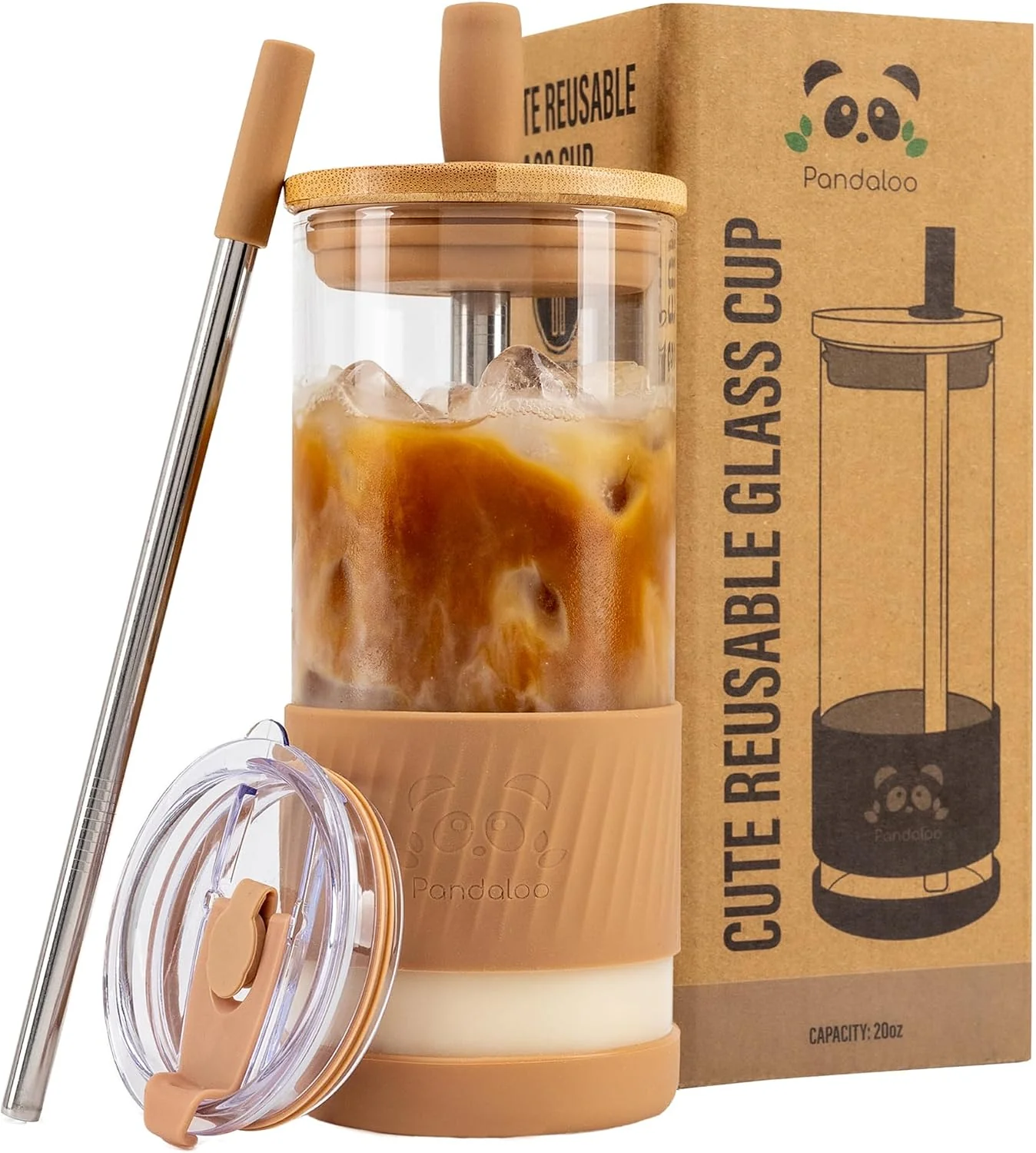 Relaxed Pandaloo® Glass Cups With Lids and Straws -20 Fl Oz- Size Iced Coffee Cup – Smoothie Cup With Bamboo Lid and On the go Lid – Glass Tumbler With Straw 1 Count Pack of 1 Amber Sand Safe