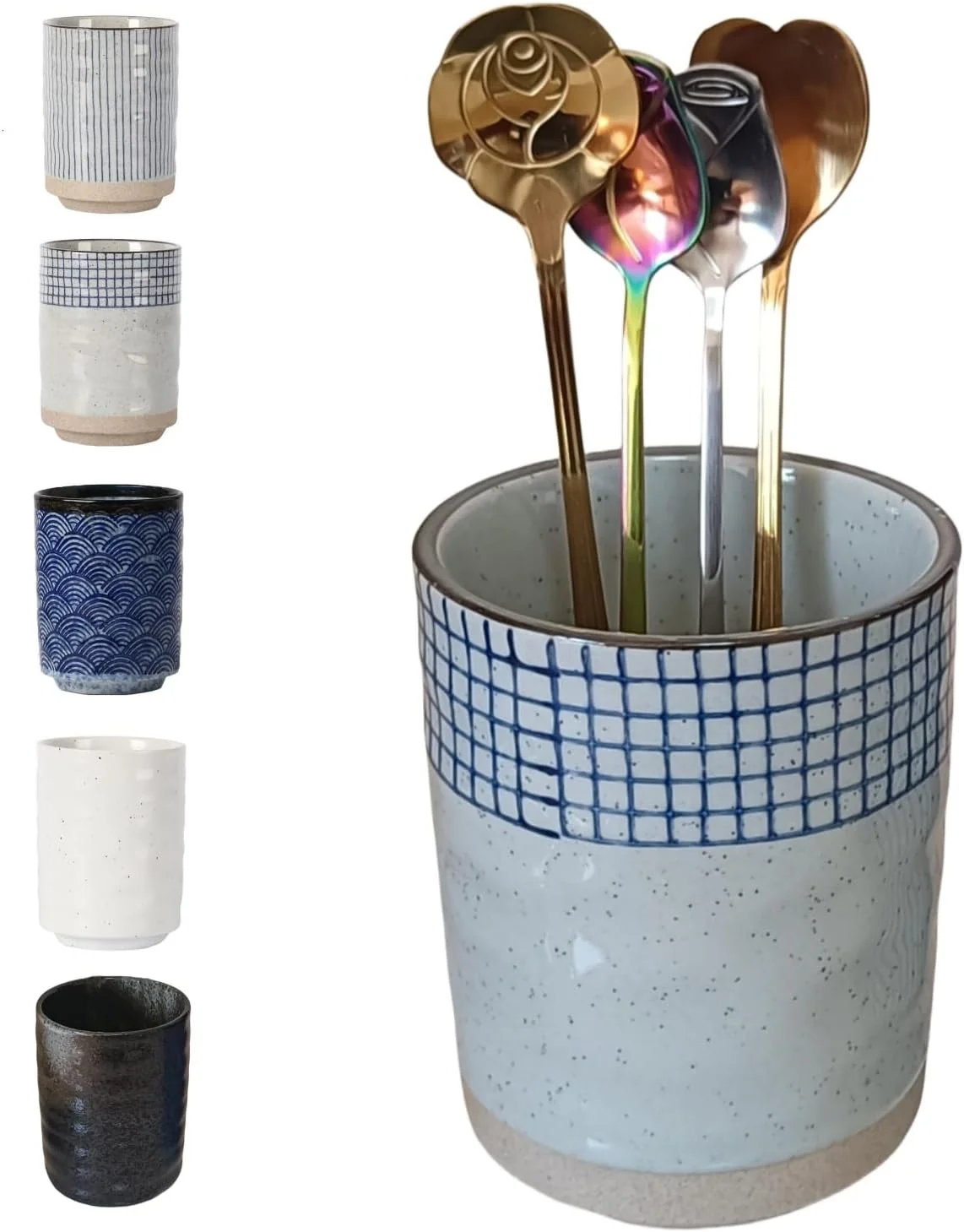 Specialty Stoneware Coffee Bar Utensil Holder Tea Coffee Spoon Stirrer Holder for Stir Stick Straw Teaspoon Holder Spoon Cup Small Utensil Jar Blue Functional