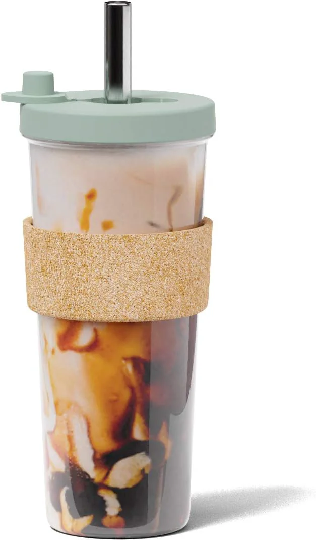 First-Class Dodoko Sage Green 24 oz Reusable Boba Cup and Straw Bubble Tea Cup with Wide Lid and Straw Fine