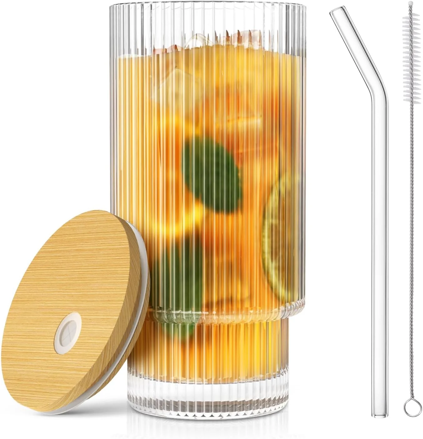 Breathable CWHHRN 16 OZ Glass Cup with Lid and Straw Vintage Ribbed Glassware for Whiskey Cocktail Beer Iced Coffee Cups with Lid Glass Tumbler with Straw and Lid 1 PACK Authentic