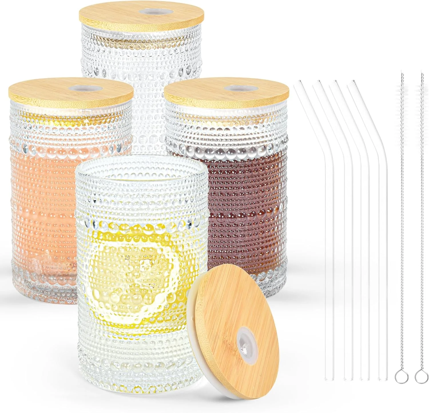 Smart 13 oz Drinking Glasses Set of 4 with Bamboo Lids Straws Hobnail Boho Glassware Set Vintage Glass Cups Embossed Iced Coffee Cup for Beer Cocktail High-End