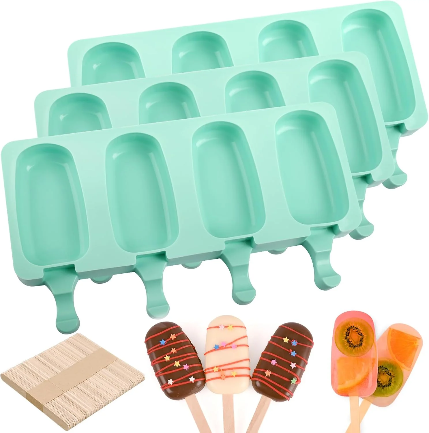 Authentic Large Oval 4 Cavities Silicone Popsicle Molds Set of 3 Green Food Grade Silicone Easy to Use Include 150 Pcs Wooden Sticks Homemade Ice Cream Molds for Ice Pop Cakesicles Cake Pop Next-Generation