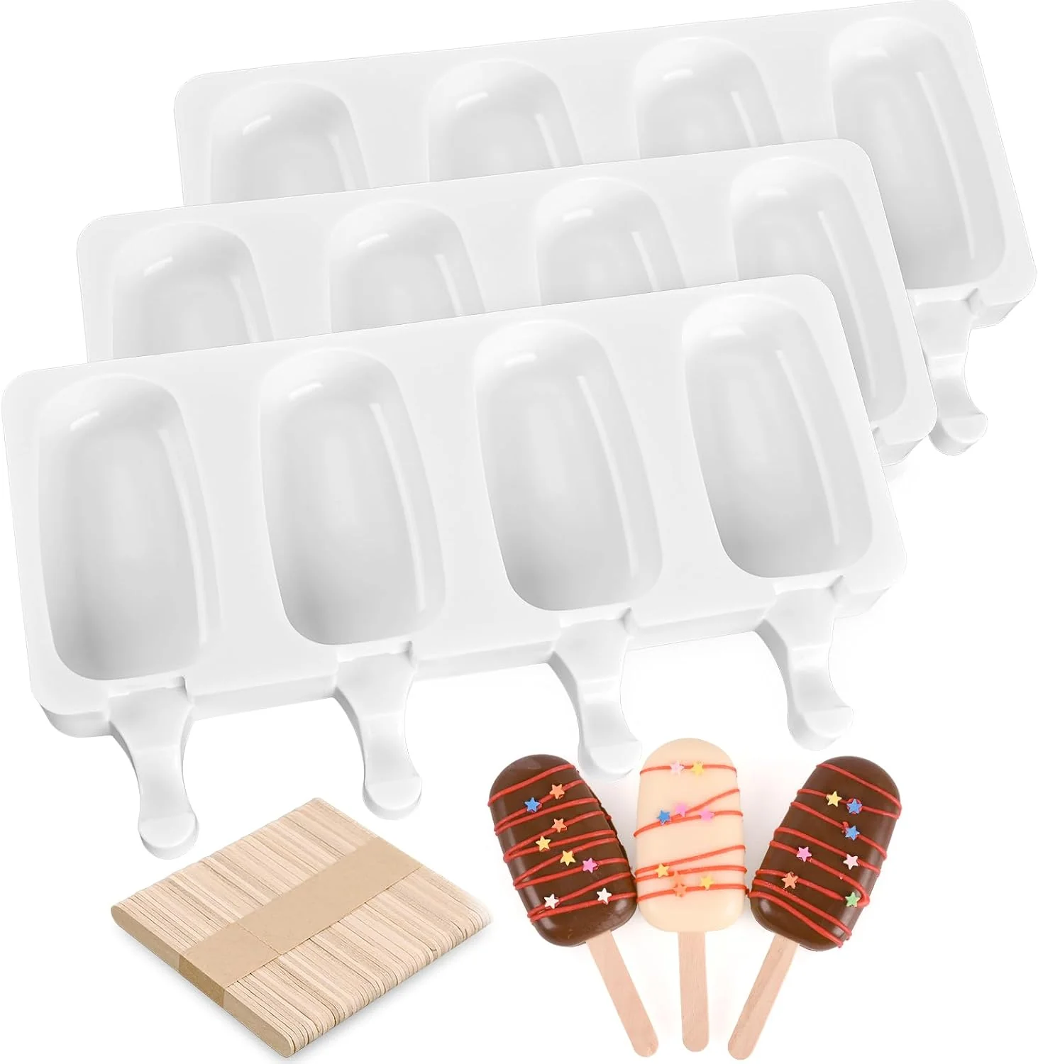 Contemporary 3 Pack 4 Cavity Popsicle Silicone Molds with 100 Pcs Wooden Sticks Food Grade Silicone Easy to Use Homemade Oval Ice Cream Molds for Ice Pop Cakesicles Cake Pop Functional