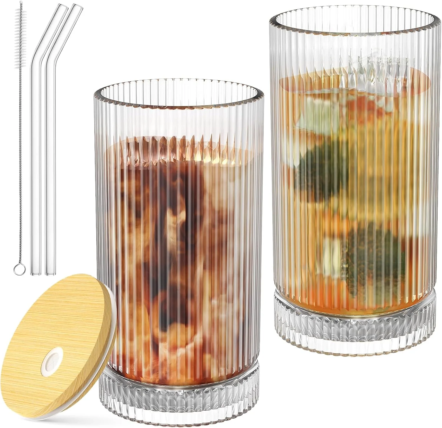 High-Quality 15 Oz Glass Cups with Lid and Straw Iced Coffee Cups with Lid Vintage Glassware for Whiskey Cocktail Beer 2 Pack Premium
