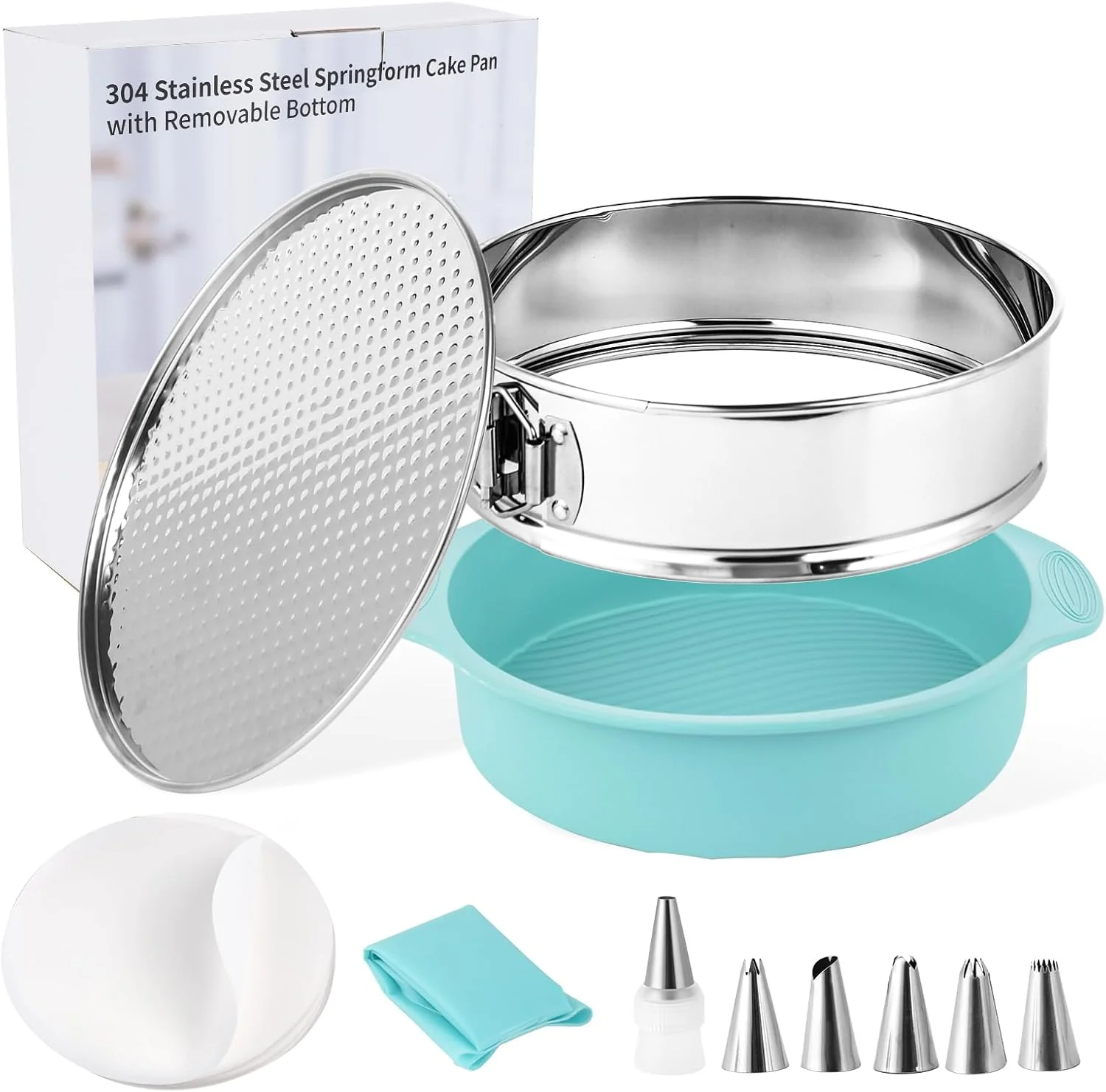 Elegant 9 Inch Cheesecake Pan Leakproof 304 Stainless Steel Springform Pan with Silicone Protector for Water Bath Baking Removable Bottom 50 Pcs Parchment Paper Dishwasher Safe High-Performance