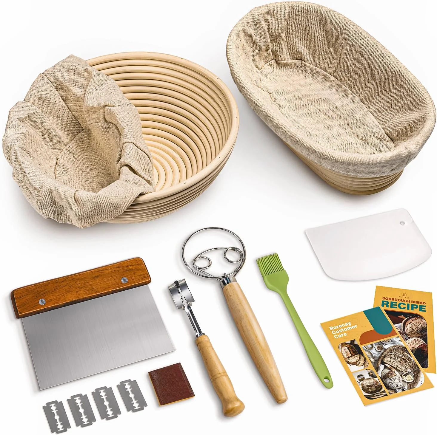 Versatile Rorecay Bread Banneton Proofing Basket Set 9 Inch Round 10 Inch Oval Cane Sourdough Baskets with Dough Whisk Bread Lame Dough Scraper Bowl Scraper Practical
