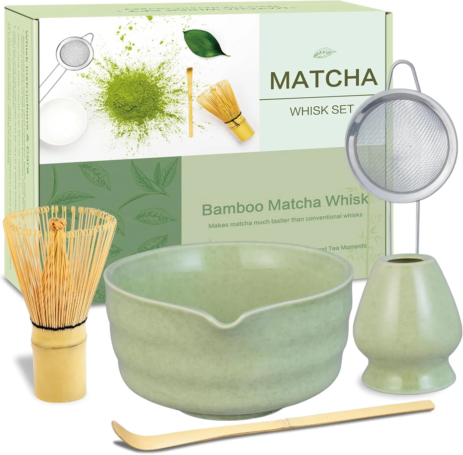 Traditional Matcha Whisk Set Ceramic Matcha Bowl with Spout Matcha Whisk Chasen Holder Powder Sifter Bamboo Scoop Complete Tea Making Kit for Matcha Lovers Convenient