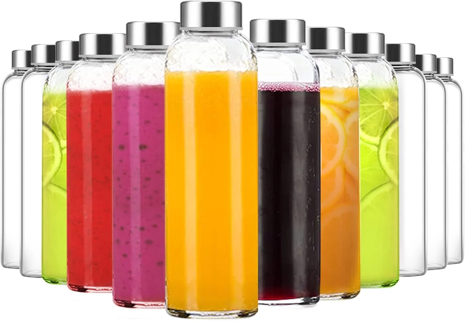 Recyclable 18oz Glass Juice Bottles with Lids - 24 Pack Leak Proof Superior