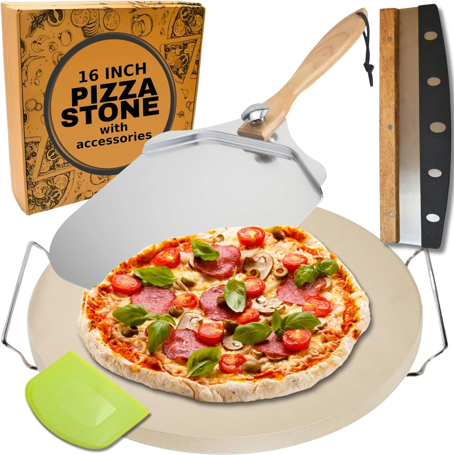 Sophisticated Round Pizza Stone for Oven 16 inch – Large Pizza Stone with Handles Metal Pizza Peel Pizza Cutter and Dough Tool – Baking Stone for Oven Bread Premium Material
