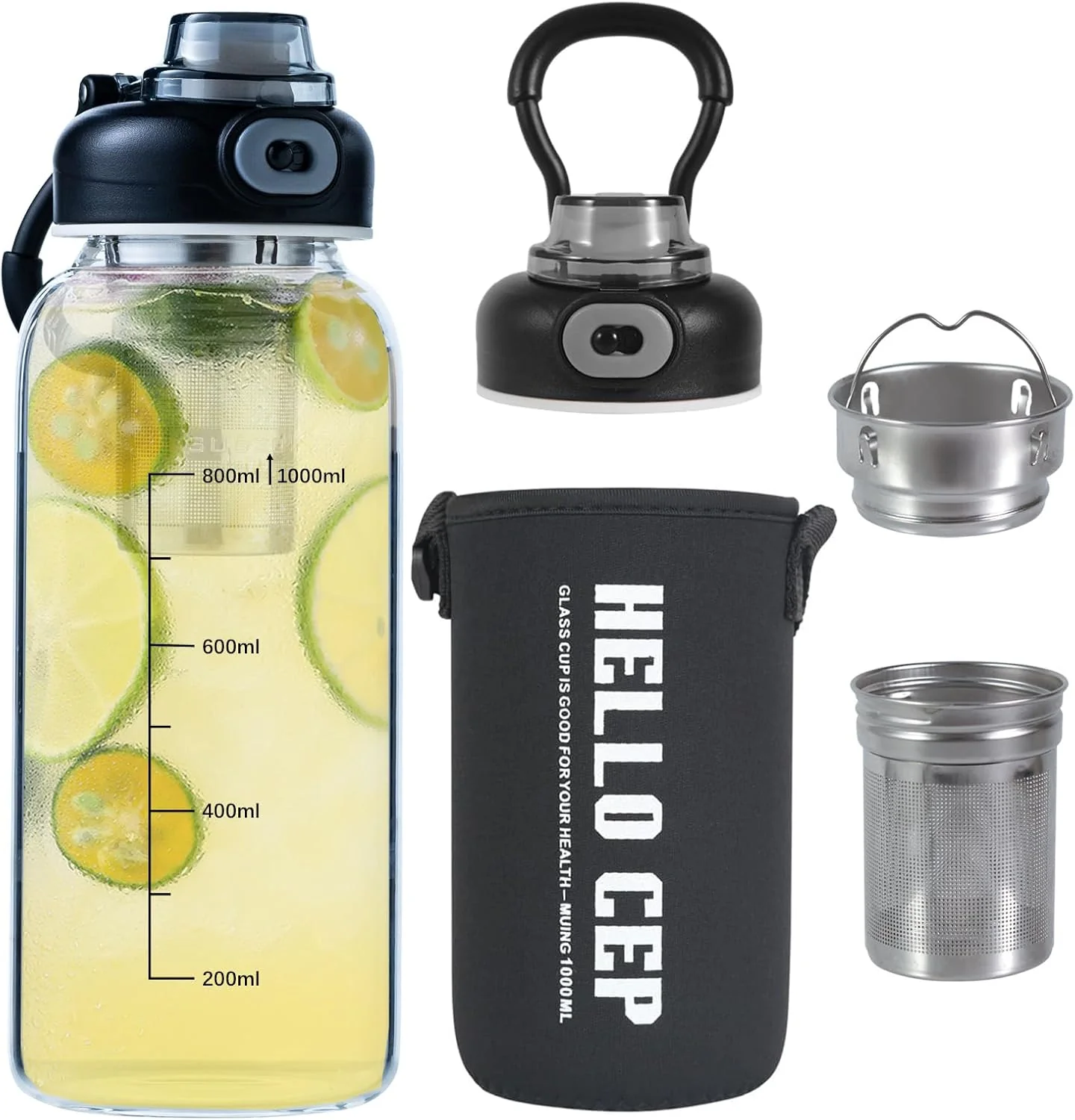 Secure 34oz tea bottle with infuser – Large Capacity Glass Water Bottle With Time Mark Stainless Steel Tea Strainer Sleeve BPA Professional