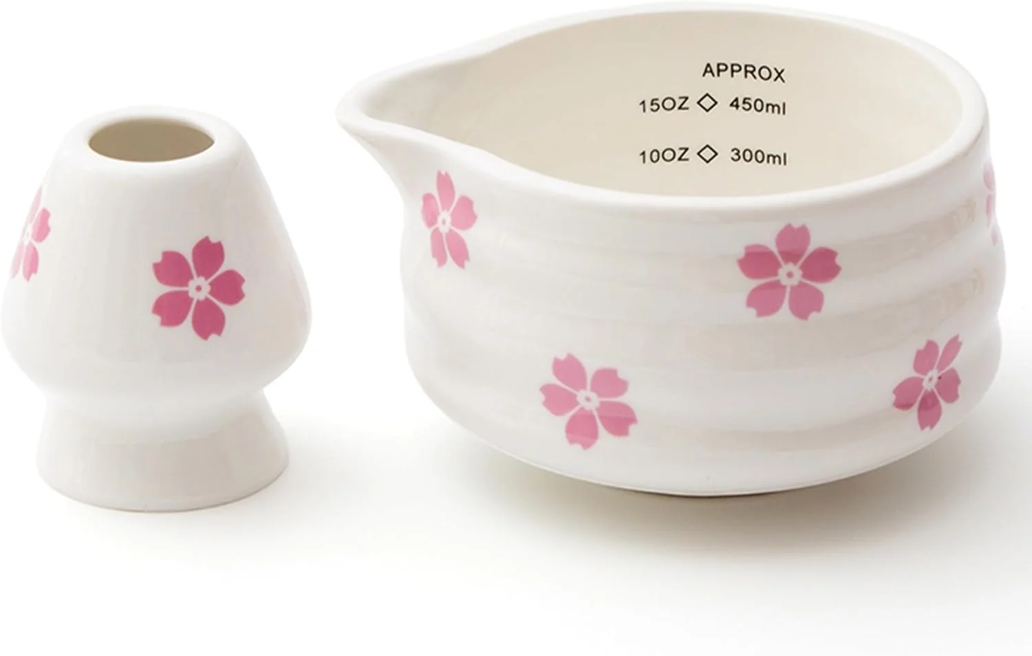 Organic 2pcs Matcha Bowl with Whisk Holder Ceramic Cherry Blossom Matcha Bowl with Spout 16.5OZ Porcelain Bowl with Measurement Marks Unique