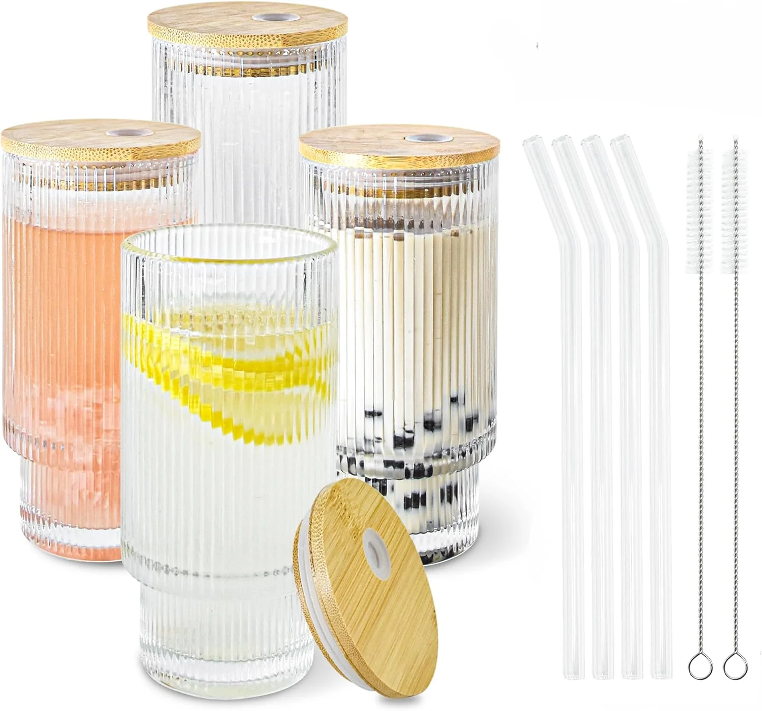 Casual 4 Pcs 11 oz Drinking Glasses Cups Set with Bamboo Lids Straws Brush Ribbed Vintage Glassware Set for Tea Iced Coffee Beer Cocktail Whiskey Ribbed 4 Natural
