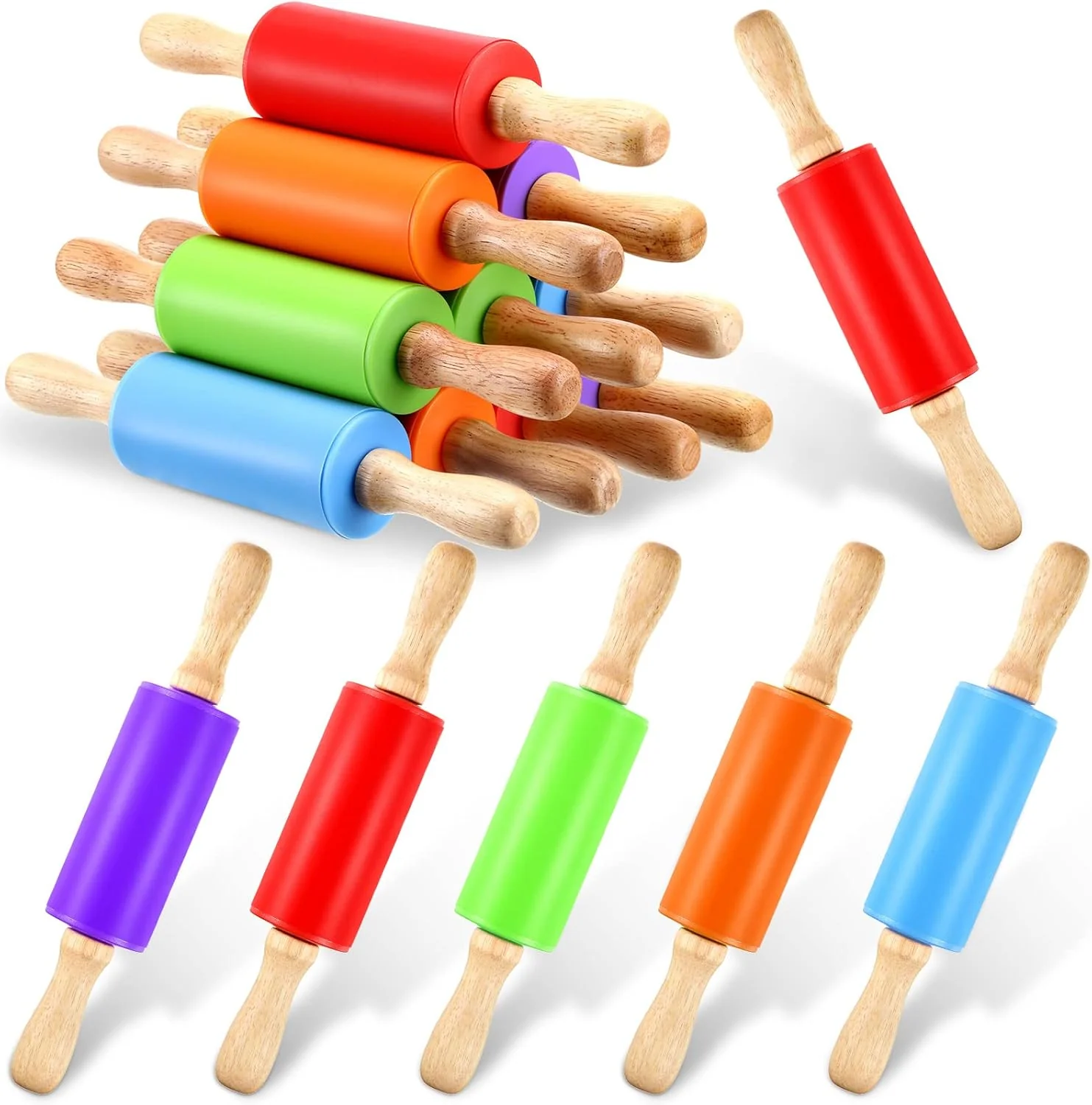 Trusted 10 Pcs Small Rolling Pin Kids 9 Inch Mini Rolling Pin Silicone Wooden Cooking Pins Baking 5 Colors Non Stick Kids with Wooden Handle for Kitchen Smooth
