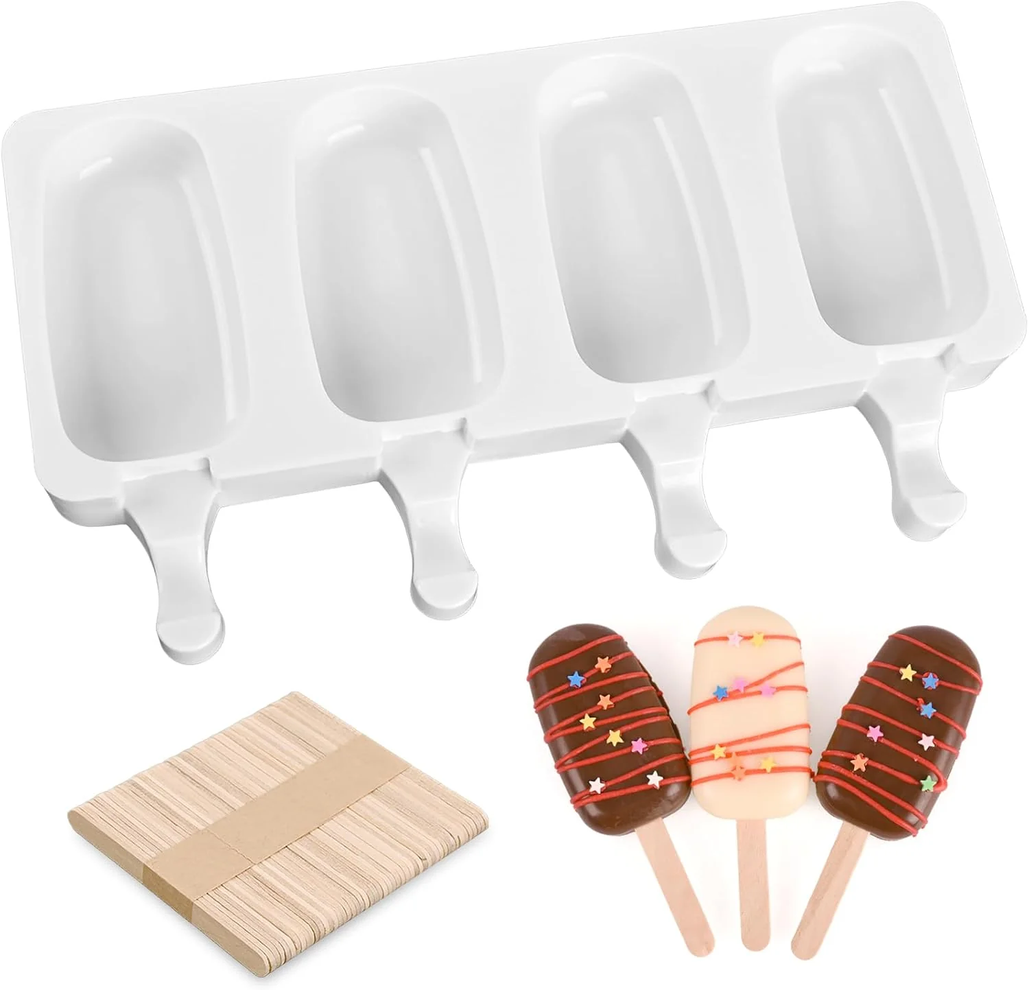 Casual Popsicle Silicone Mold with 50 Pcs Wooden Sticks Food Grade Silicone Easy to Use Oval Homemade Ice Cream Molds for Ice Pop Cakesicles Cake Pop Flexible