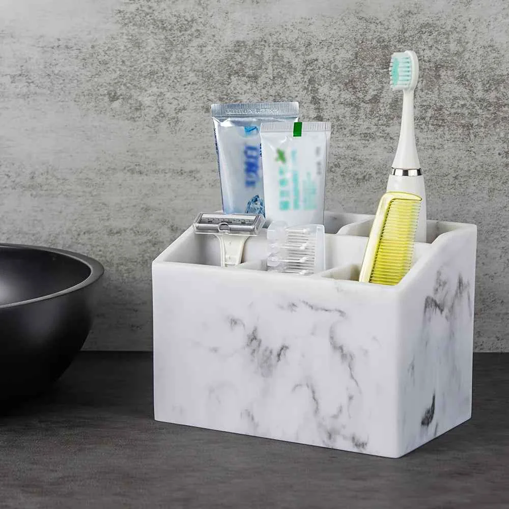 Optimized Marble White Resin Toothbrush Toothpaste Holder - Multi-Functional Bathroom Organizer for Electric Toothbrushes Stationery Storage Box - Christmas or Halloween GiftSPECIFICATIONS Eco-Friendly
