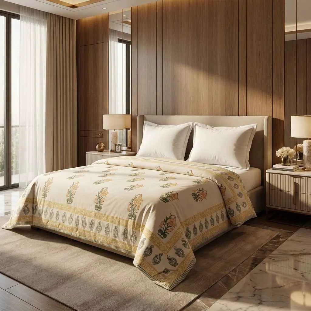 Natural Cream Golden Yellow Floral Jaipur Indian Hand Block Print Quilted Comforter Next-Generation