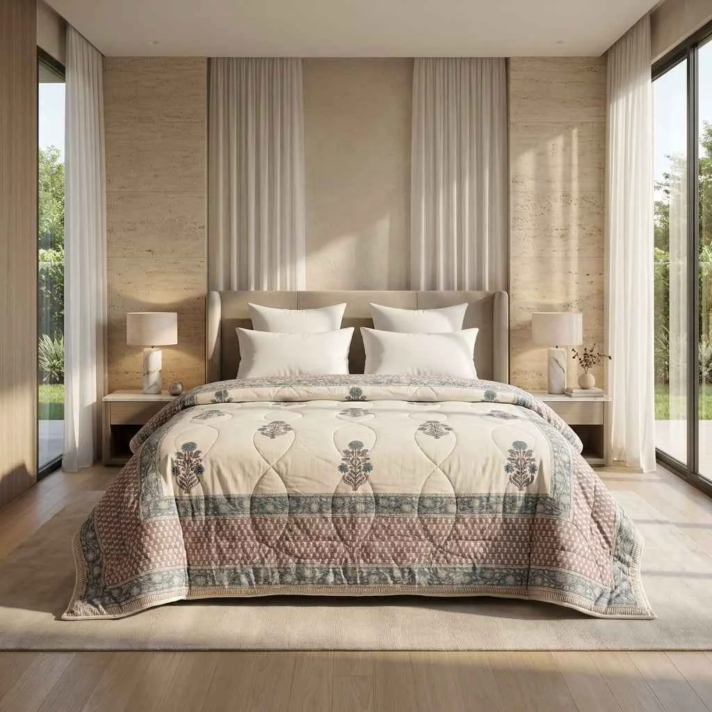Convenient Cream Slate Blue Floral Jaipur Indian Hand Block Print Quilted Comforter Top-Quality