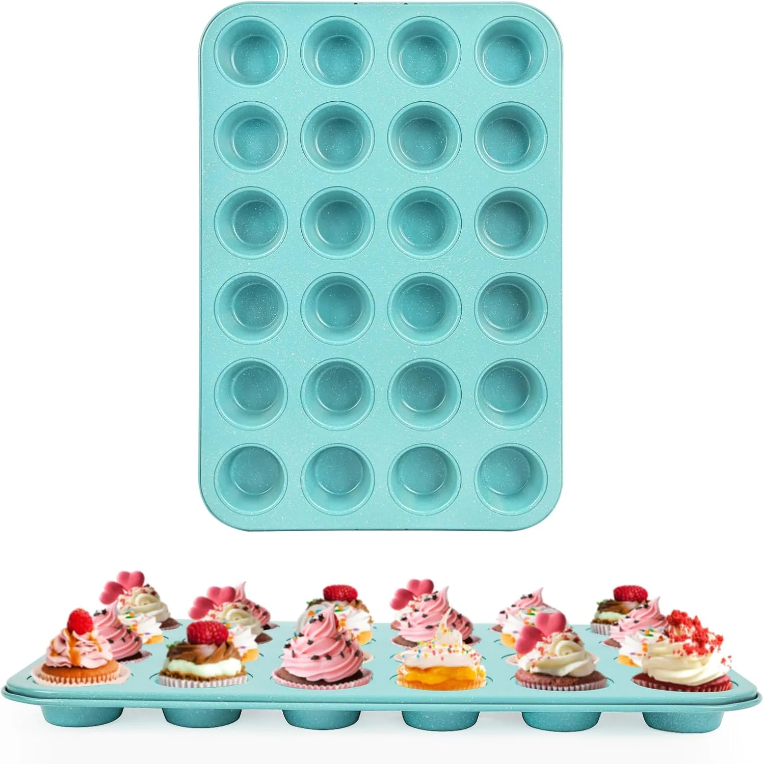 2-Pack Light Blue 24-Cup Ceramic Mini Muffin Pan – Non-Stick Muffin Tin PFOA- Healthy Baking for Cupcakes Versatile
