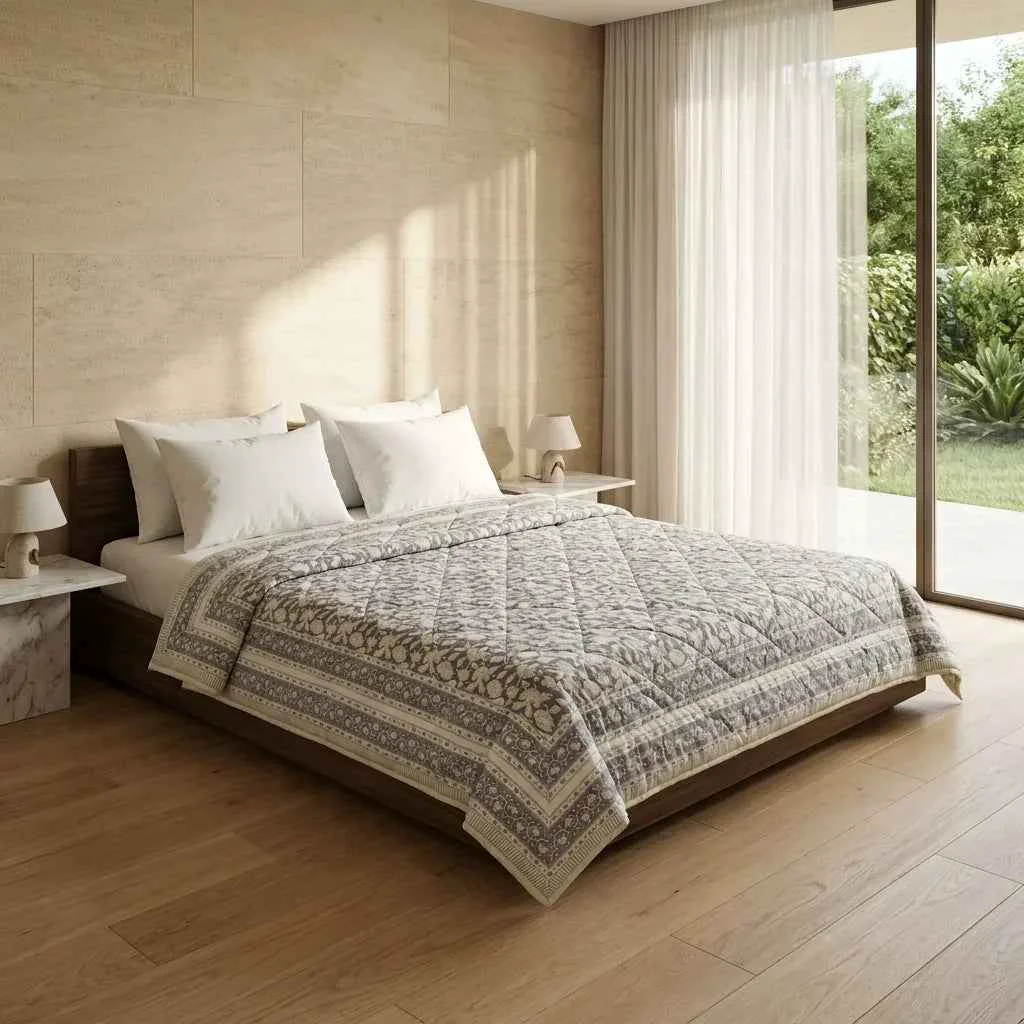 Smart Cream Taupe Floral Jaipur Indian Hand Block Print Quilted Comforter Premium Material