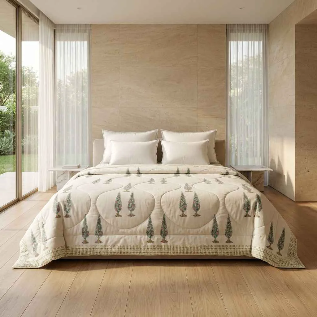 Clean Cream Rust Sage Floral Jaipur Indian Hand Block Print Quilted Comforter Outstanding