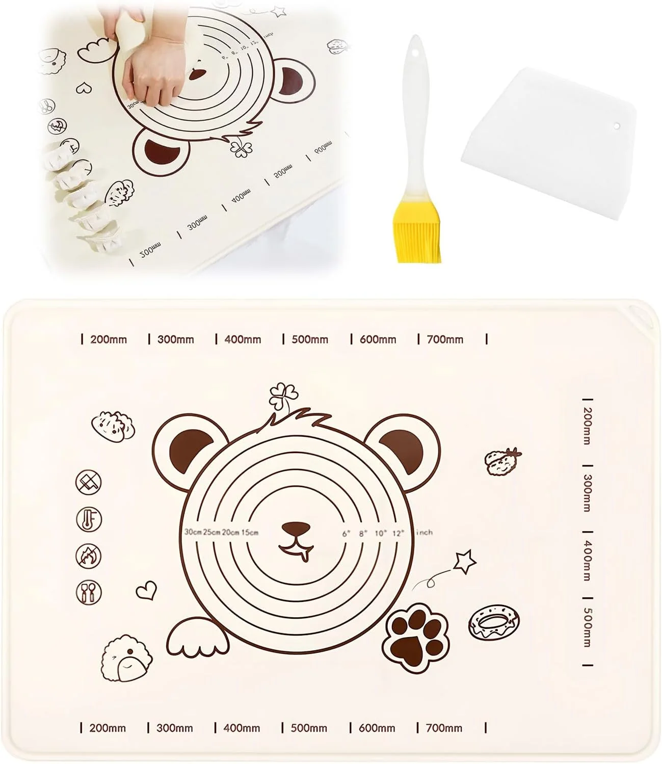 Durable Little Bear Pastry Mat Set Silicone Pastry Mat with Cake Scraper Rolling Pin Pastry Brush for Baking standard count 3 Convenient