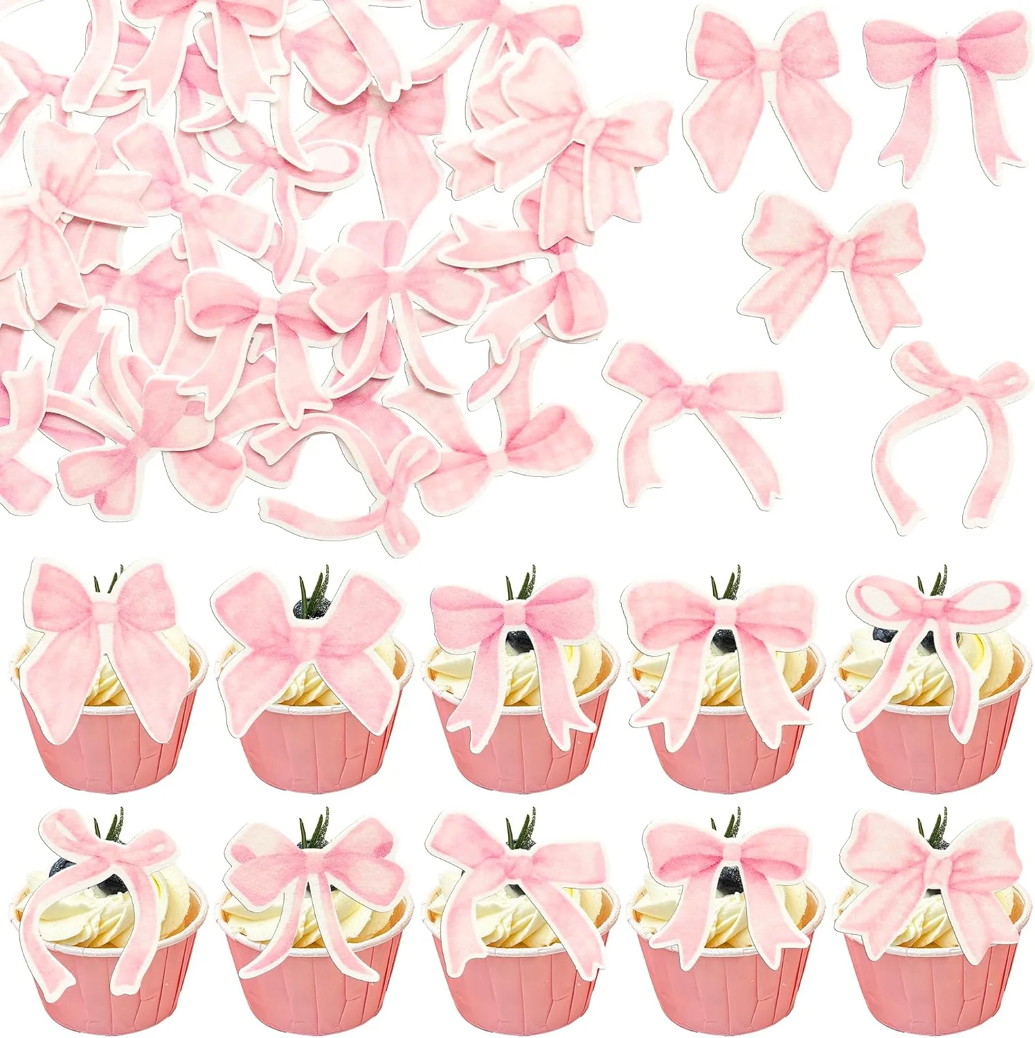 Eco-Friendly Gyufise 50Pcs Edible Pink Bowknot Cupcake Toppers Wafer Paper Bowknot Cake Dessert Picks Drink Topper Baby Shower Princess Cupcake Toppers for Birthday Party Decoration Supplies Professional
