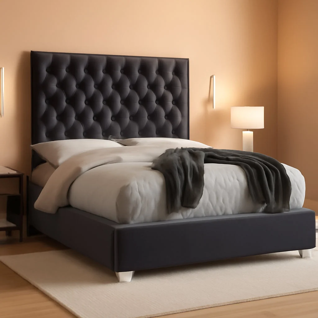 Safe Grey Velvet Queen Bed Deep Tufted Chrome Finish Lux Leatherette Traditional