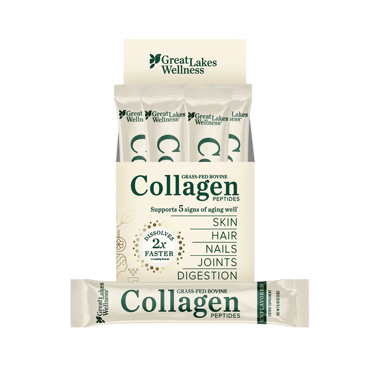High-Performance Great Lakes Wellness Bovine Collagen Peptides Dissolvable Powder Sticks Green
