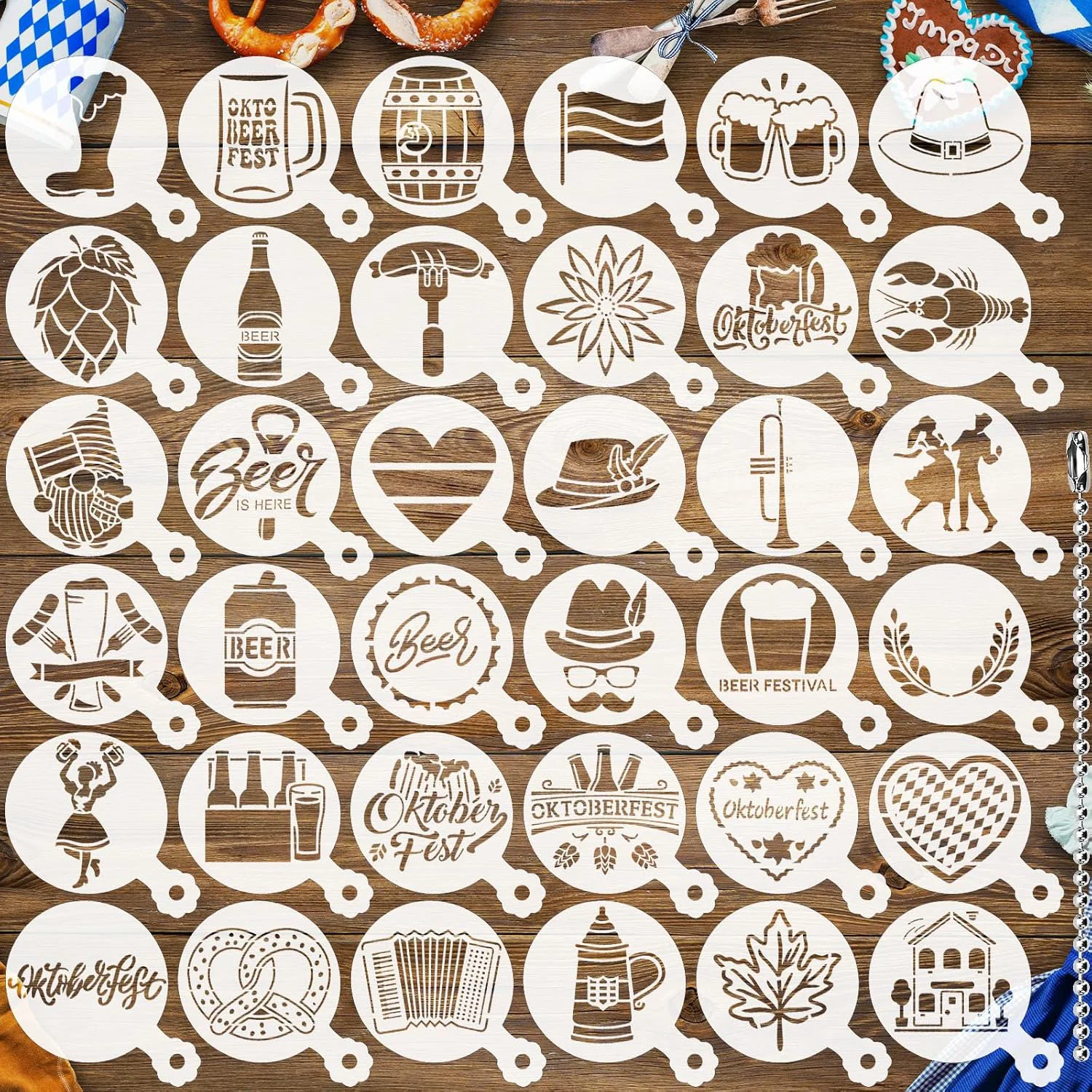 Natural Julbear 36 Pieces Reusable Oktoberfest Cookie Cake Stencils Bavarian Style Templates Mold Tools for Oktoberfest Party Cookies Baking Painting Coffee Practical