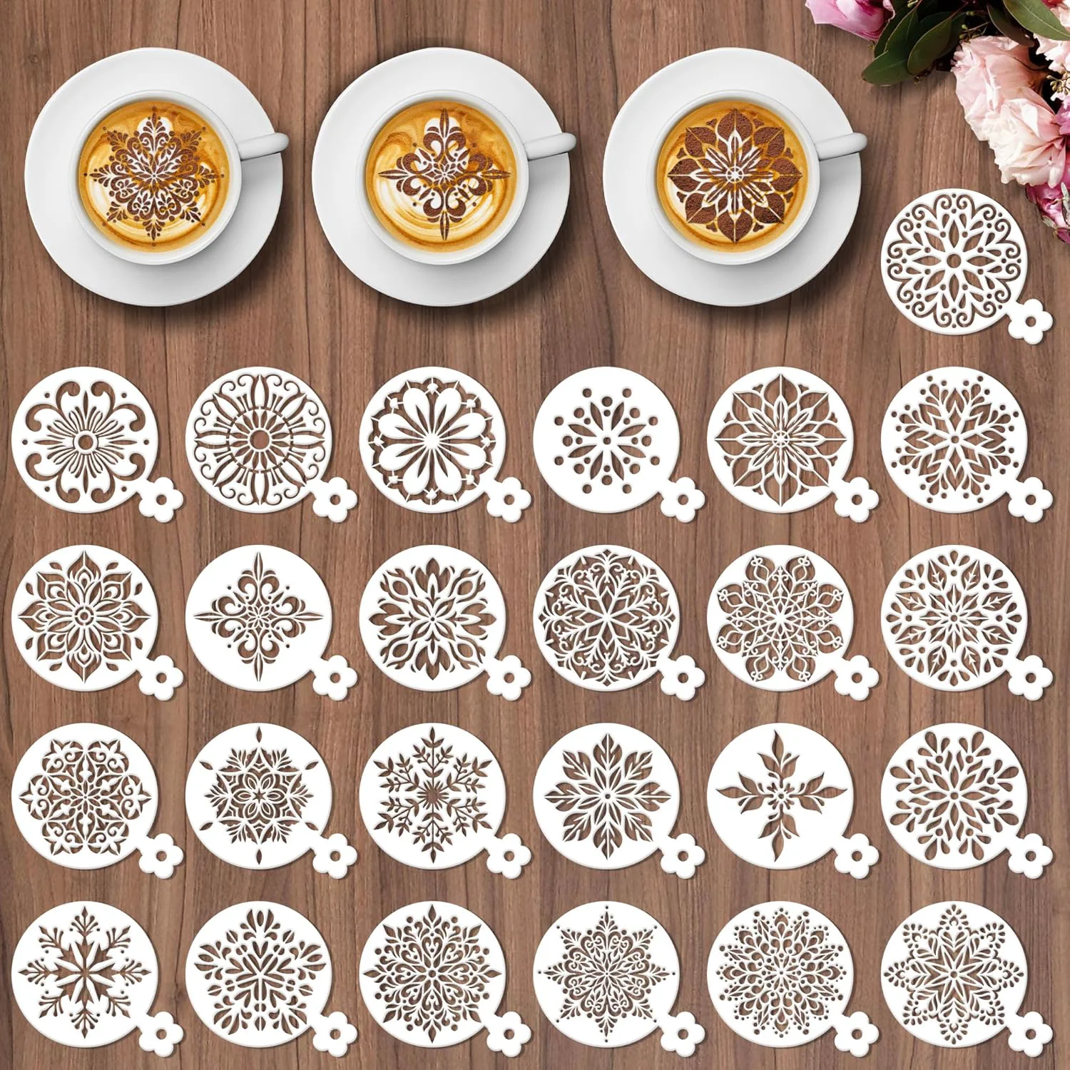 High-Grade Coffee Latte Art Stencils – 25 Pcs Mandala Baking Stencils Decorating Template Buttercream Sour Dough Bread Cookies Decorate Tools High-Quality