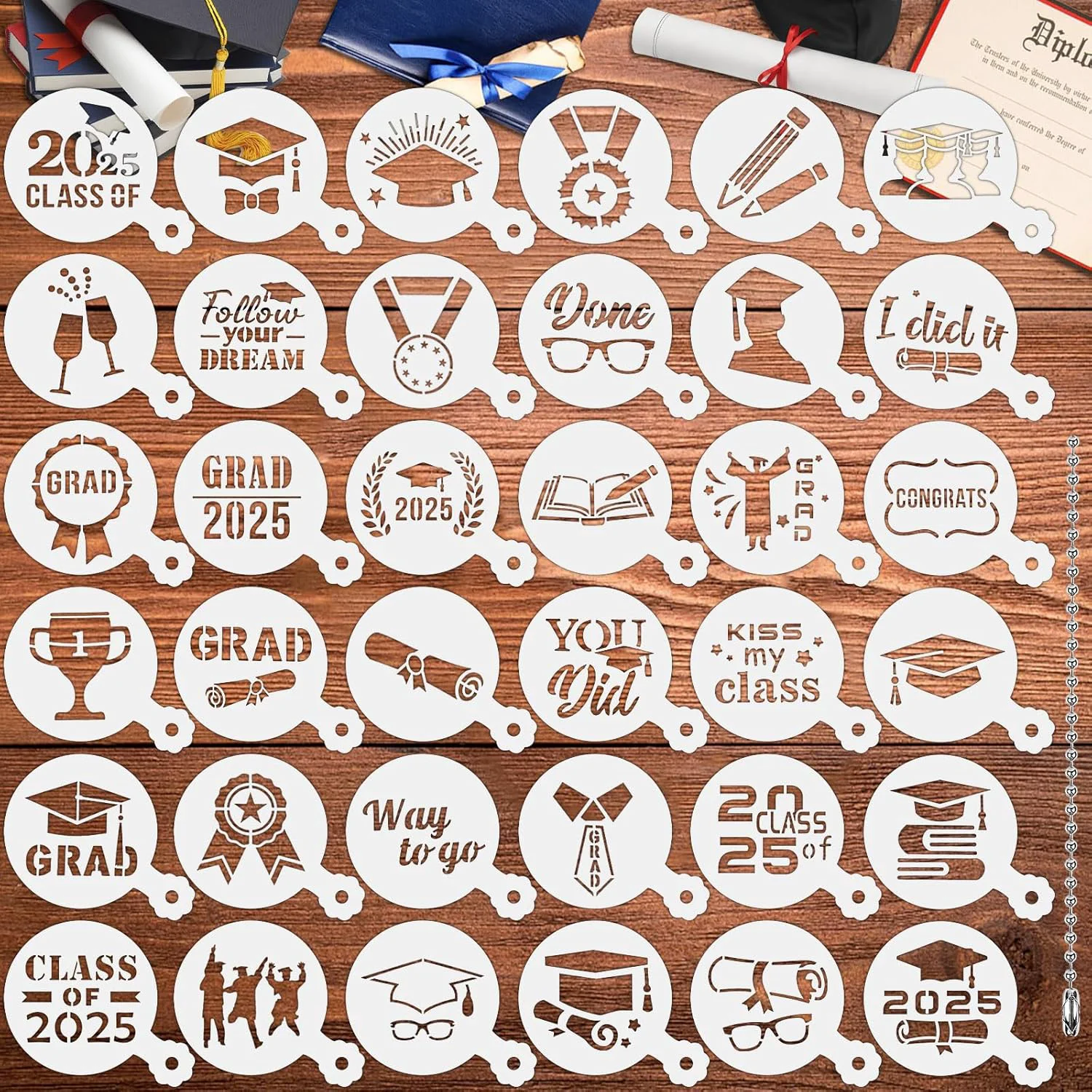 Innovative Julbear Graduation Cookie Stencils 36 Pieces Class of 2025 Reusable Coffee Decoration Stencils Templates Tools for Cookies Baking Painting Dessert High-Grade