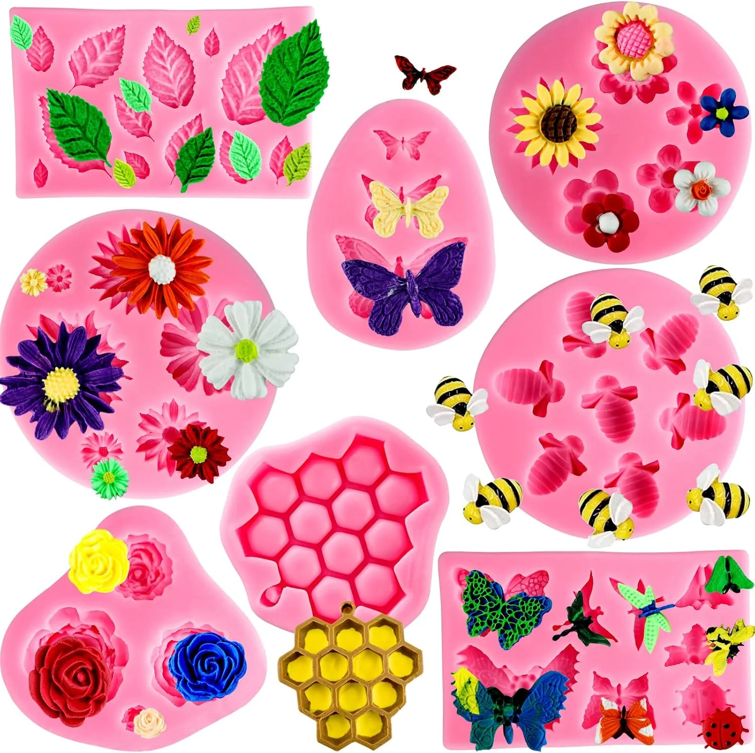 Fashionable Silicone Mold Flower 8pcs Chocolate Fondant Polymer Clay Candy Gummy Mold Rose Leaf Butterfly Bee Honey Shaped Silicone Molds for DIY Cake Cupcake Decor Craft Practical
