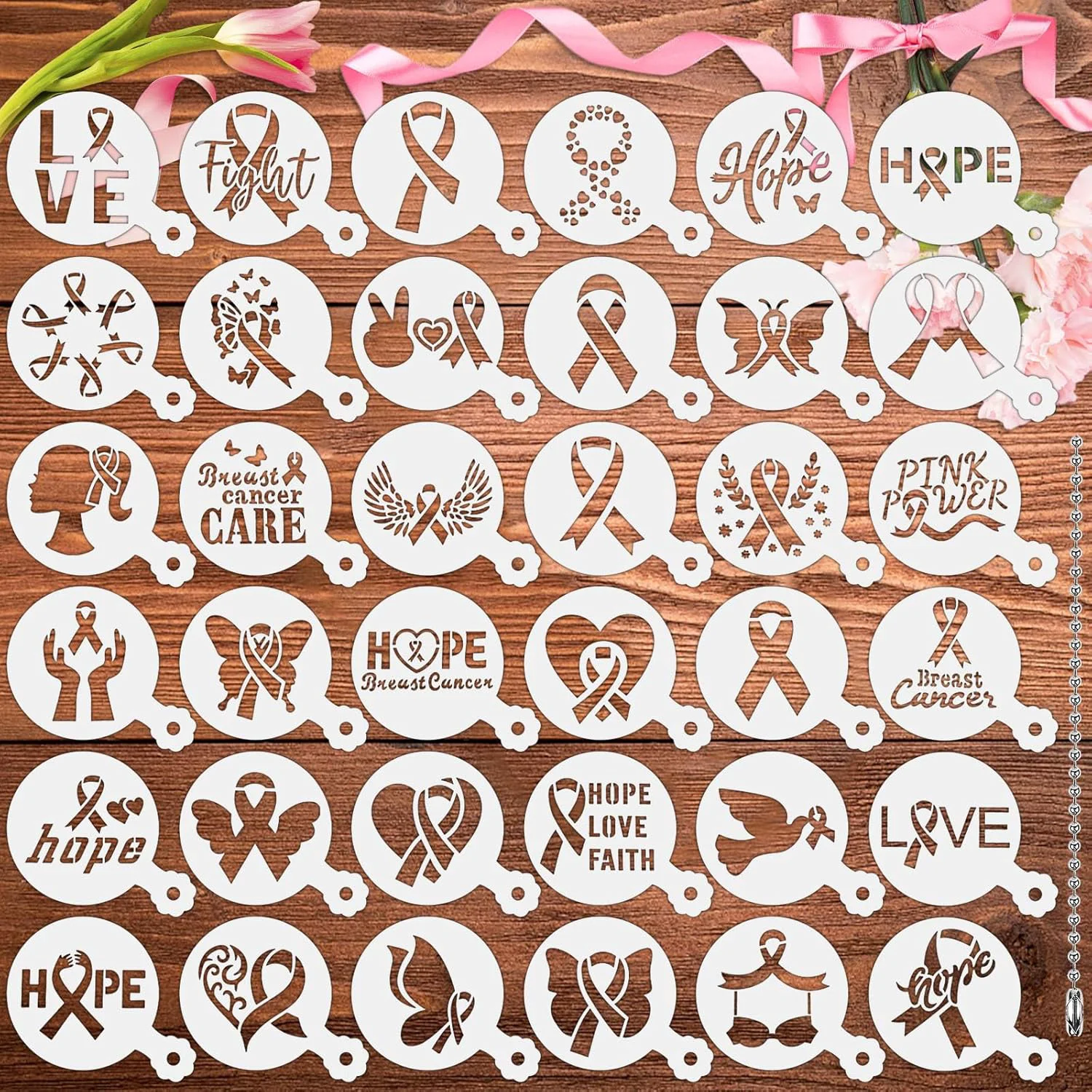 Superior Julbear Breast Cancer Awareness Cookie Stencils 36pcs Pink Ribbon Reusable Coffee Decoration Stencils Templates Tools for Cookies Baking Painting Environmentally Friendly