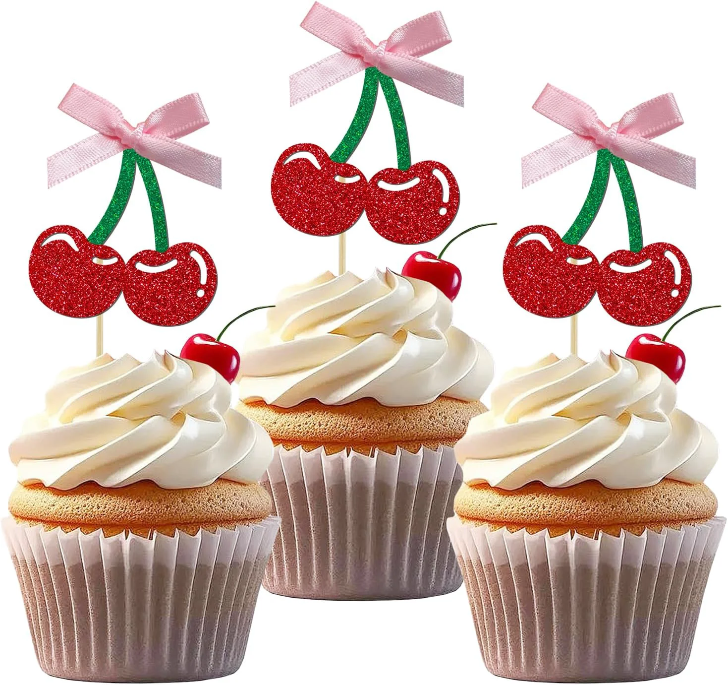 Verified 24 Pack Cherry Cupcake Toppers Glitter Sweet Cherry Cupcake Pick Fruits Theme Baby Shower and Bridal Shower Decorations Supplies Reusable