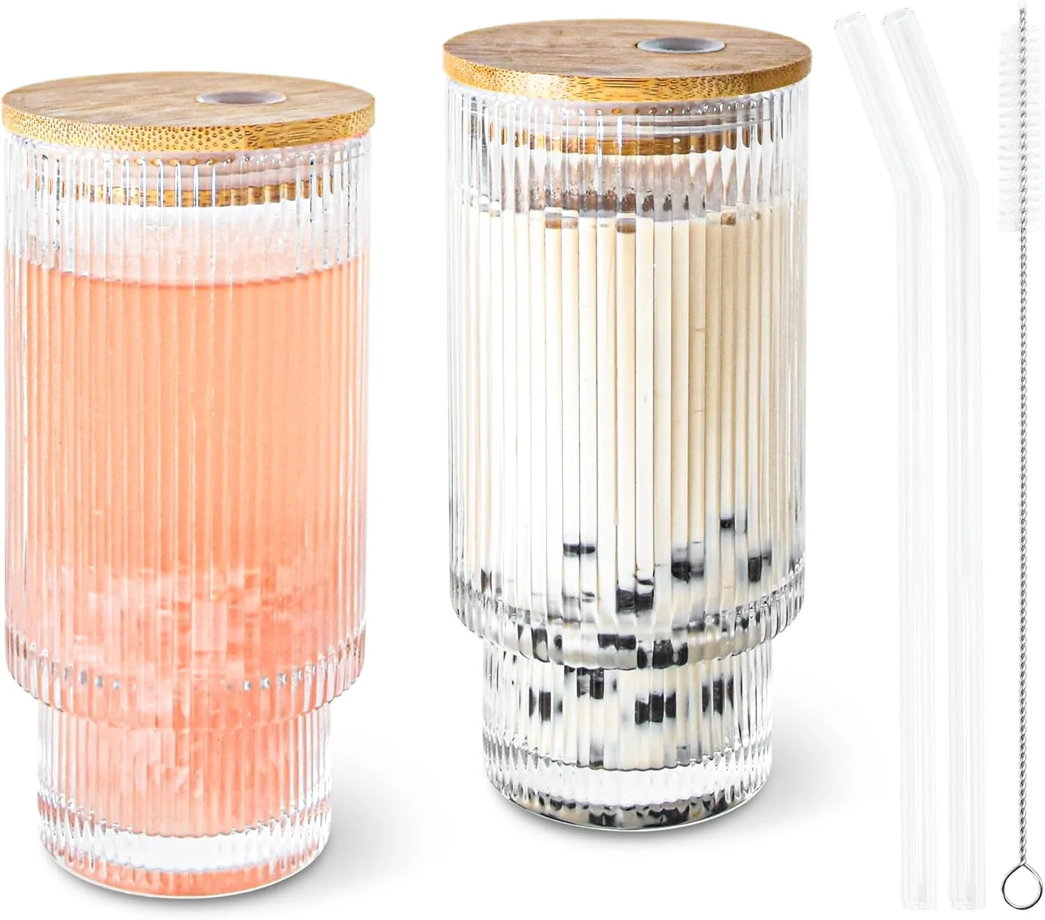 High-Grade 11oz Glass Tumbler with Straw and Lid Ribbed Vintage Iced Coffee Glasses for Tea Soda Cocktail Smoothie Ribbed 2 Trendy