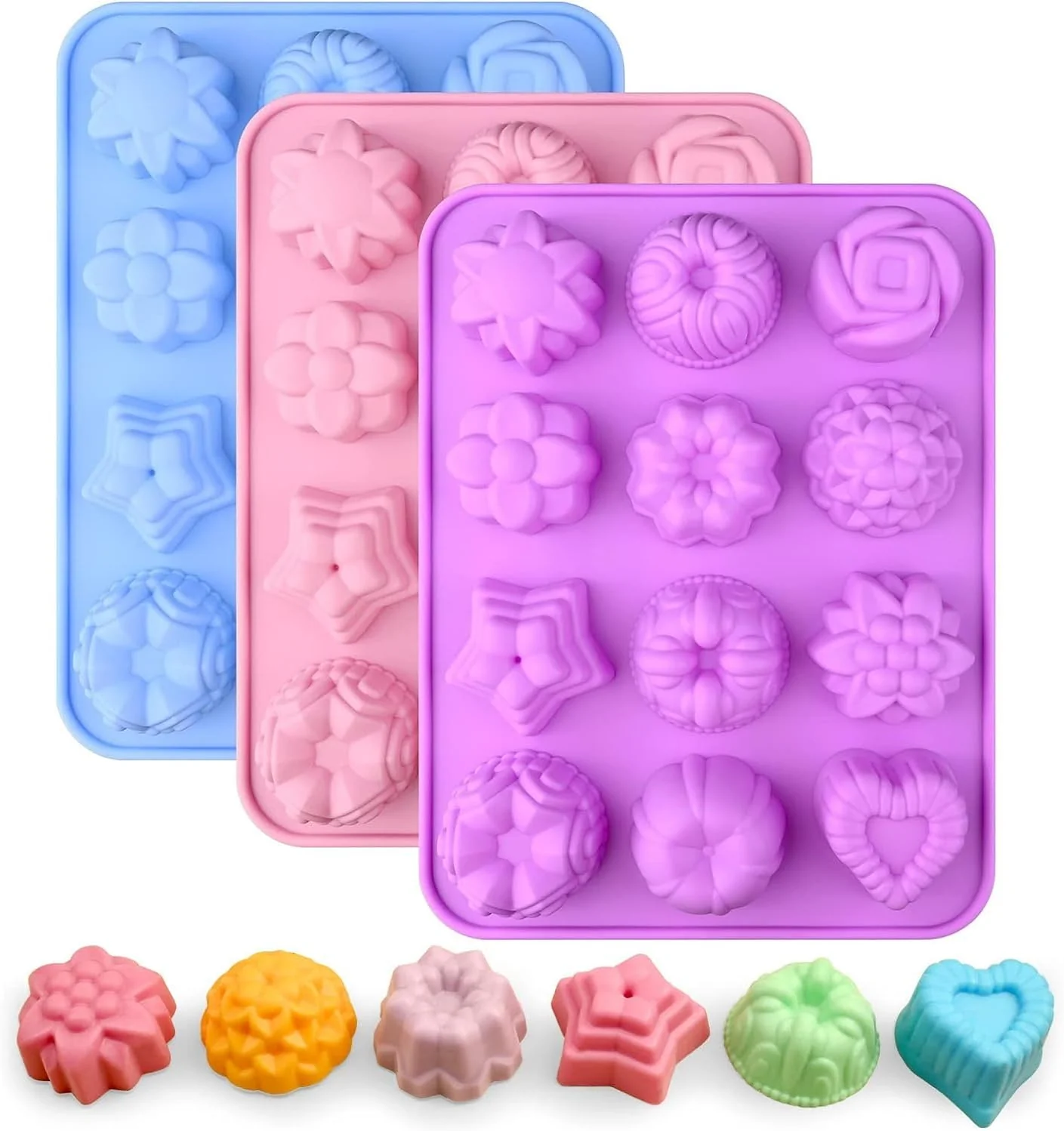 Unique Sakolla 3 Pack Flower Molds Silicone 12 Cavities Different Shapes Silicone Molds for Chocolate Cupcake Candy Jelly Ice Cube Muffin Pink Reliable