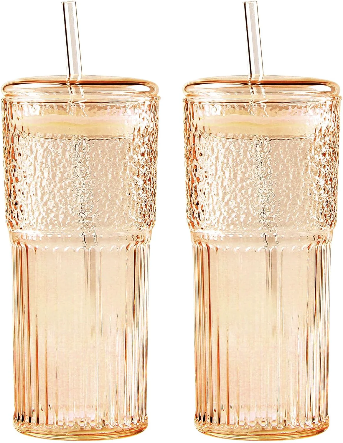 Breathable GOSCHE Glass Cups with Lids and Straws 20oz Drinking Jar Glass Tumbler Iced Coffee Cups Set Vintage Ripple Glassware Smoothie Cups for Water Coffee Tea Amber 2 Pcs Clean