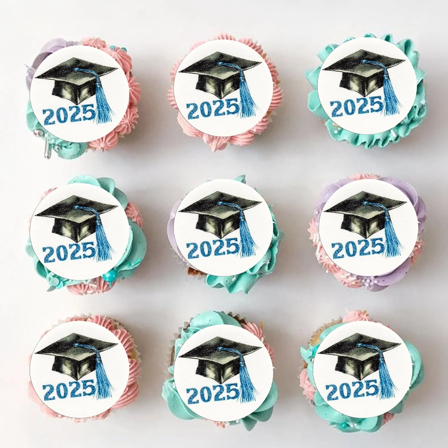 Convenient Gyufise 48Pcs Edible 2025 Graduation Cap Cupcake Toppers Wafer Paper Class of 2025 Grad Cap Cupcake Picks for 2025 Graduation Theme Party Cake Excellent