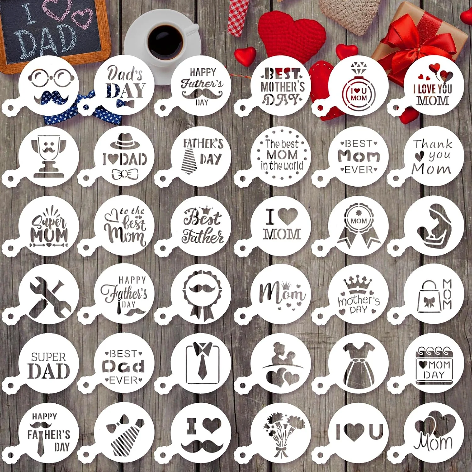 Certified JULBEAR 36Pcs Mother’s Father’s Day Cookie Cake Stencil Templates Reusable Mold Tools Birthday Wedding Party Royal Icing Cake Coffee Dessert Decoration Supplies Mother’s Father’s Day Practical