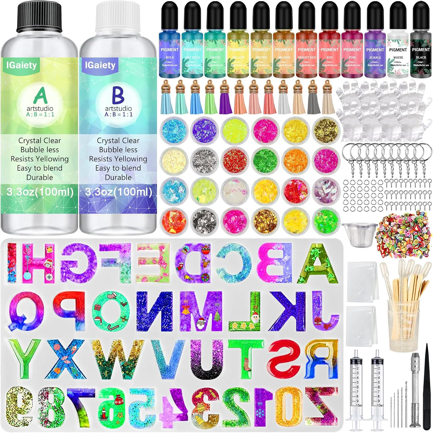 Optimized IGaitey Epoxy Kit with Reverse Alphabet Molds for Keychain Pendant Beginner-Friendly Resin Kit with Backward Letter Molds 169 Pcs Pigments amp Tools for Adult DIY Jewelry Casting Expertly Made