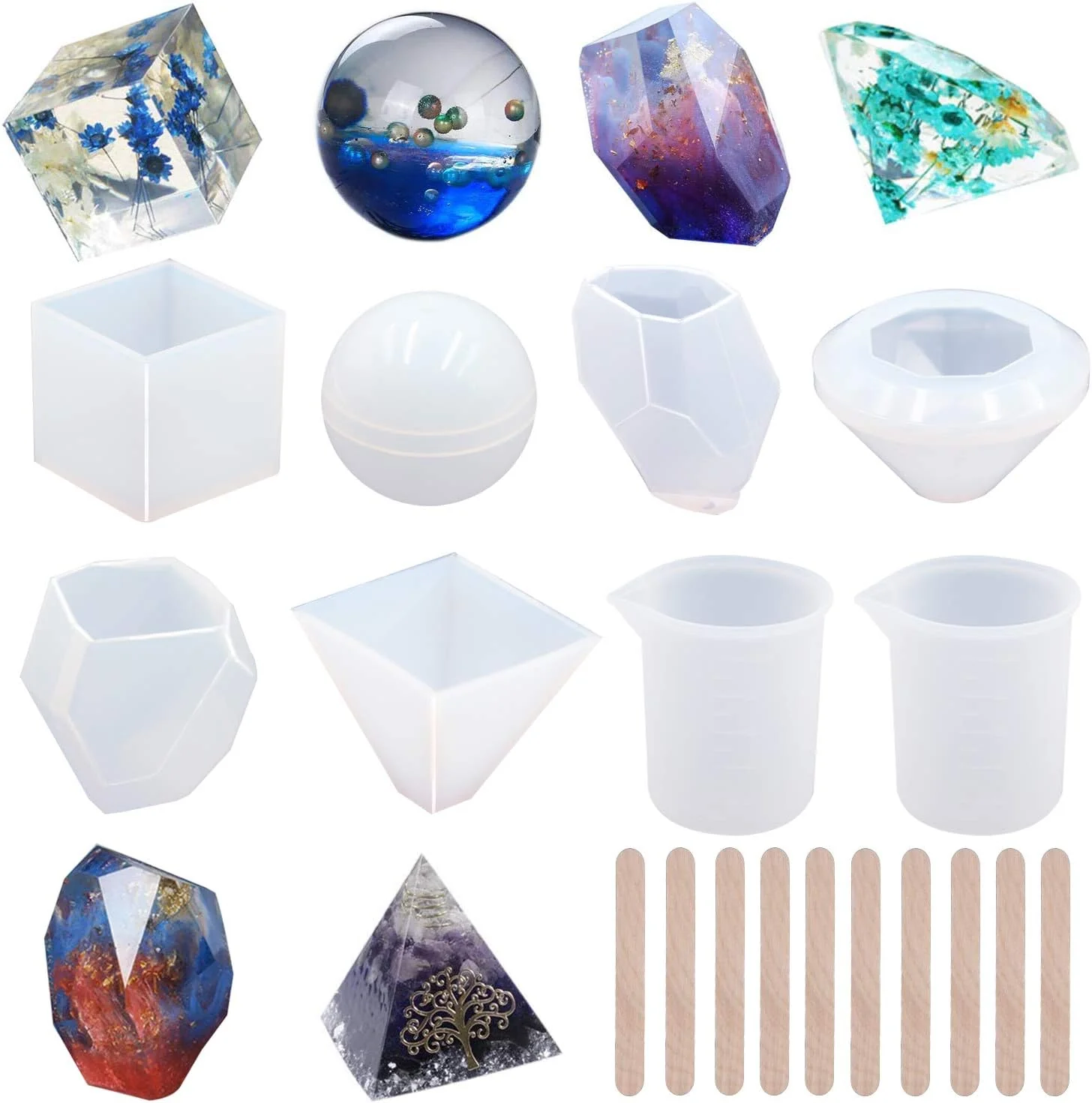 Practical EuTengHao 18Pcs DIY Silicone Resin Casting Molds Tools Set Includes 6 Resin Casting Molds Large Clear Silicone Molds 2 Measurement Cup 10 Wood Sticks Stylish