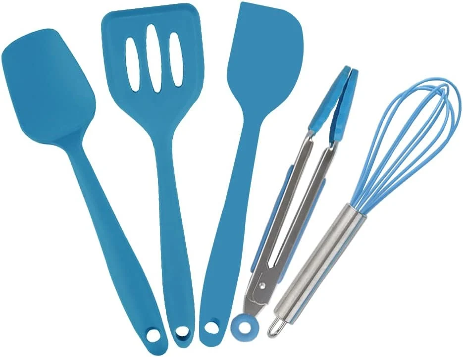 Comfortable Mini Kitchen Utensil Set – Five-Piece Set Tiny Silicone Kids Kitchen Tools – Whisk Tongs Spoon Slotted Spatula – Blue Excellent