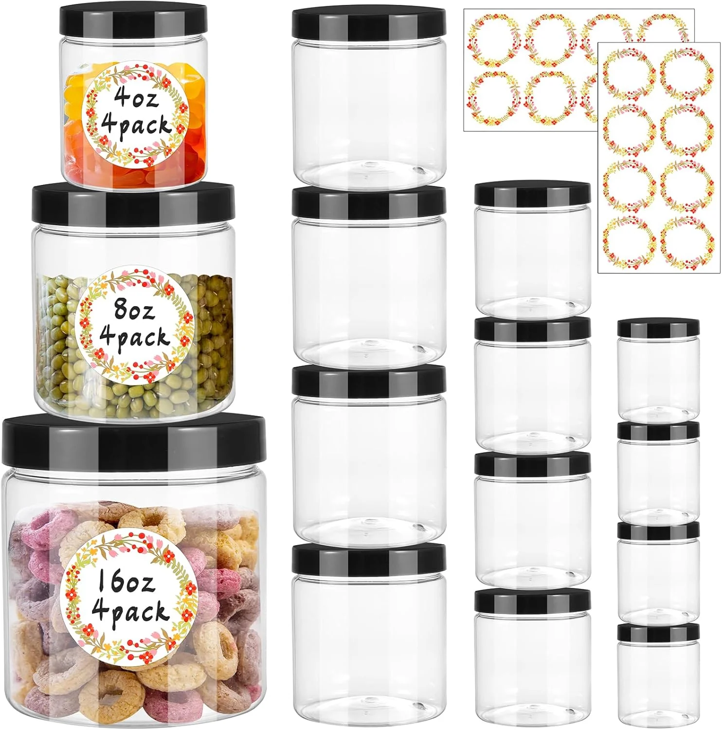 Contemporary 12pcs Plastic Jars with Lids 16 oz 8 oz 4 oz Leakproof Storage Containers Clear Plastic Mason Jars for Peanut Spice Cookie Soft